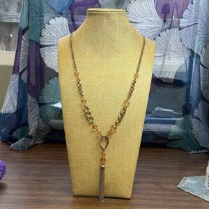 Beautiful Gold Tone Tassel Necklace with Peach Crystals